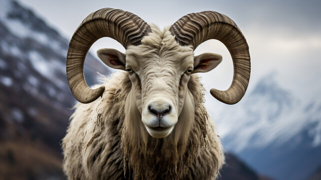 Sheep with big horns putting up ridiculous face