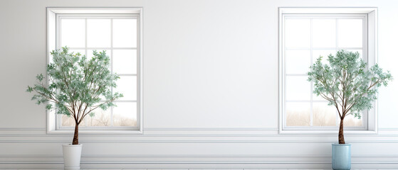 White wall mockup of bright empty room with window, flower pots and plants created with Generative AI Technology