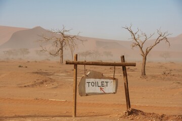 Sign with arrow and toilet word. Sossusvlei, Famous sand dunes and dead trees in Deadvlei