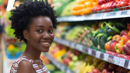 Radiant Shopper: African Woman Smiles as She Navigates Supermarket Aisles, Carefully Selecting Groceries and Healthy Options. Capturing the Joy of Shopping for Quality Food in the Mall - obrazy, fototapety, plakaty