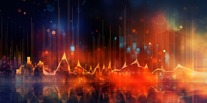 Abstract blurred bokeh effect with stock market charts and banking related imagery in vibrant colors
