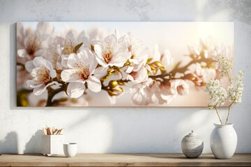 Spring banner with cherry blossom branch on the wall. Light spring style in the interior. Generative ai