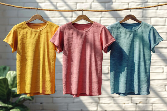 T-Shirts on Clothes Line on a white brick wall - Powered by Adobe