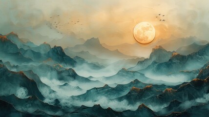 Moon, clouds and mountains abstract art landscape background