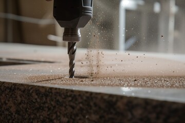 detailed view of person drilling into a granite slab, granite dust