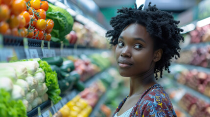 Radiant Shopper: African Woman Smiles as She Navigates Supermarket Aisles, Carefully Selecting Groceries and Healthy Options. Capturing the Joy of Shopping for Quality Food in the Mall