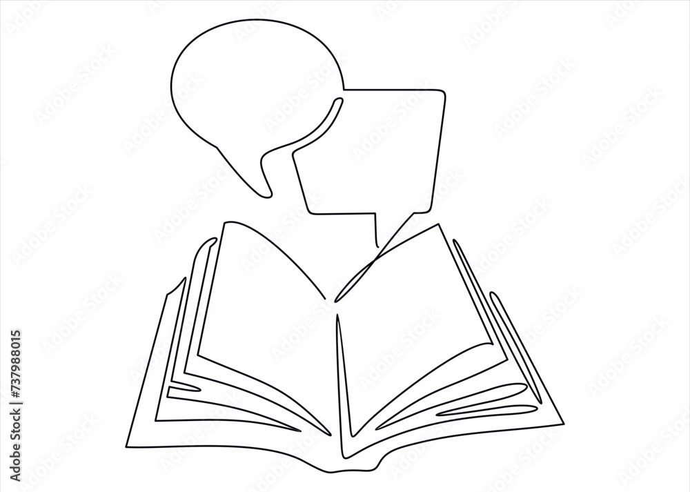 Poster open book with speech bubble marks continuous line drawing book pages isolated minimalistic trendy s