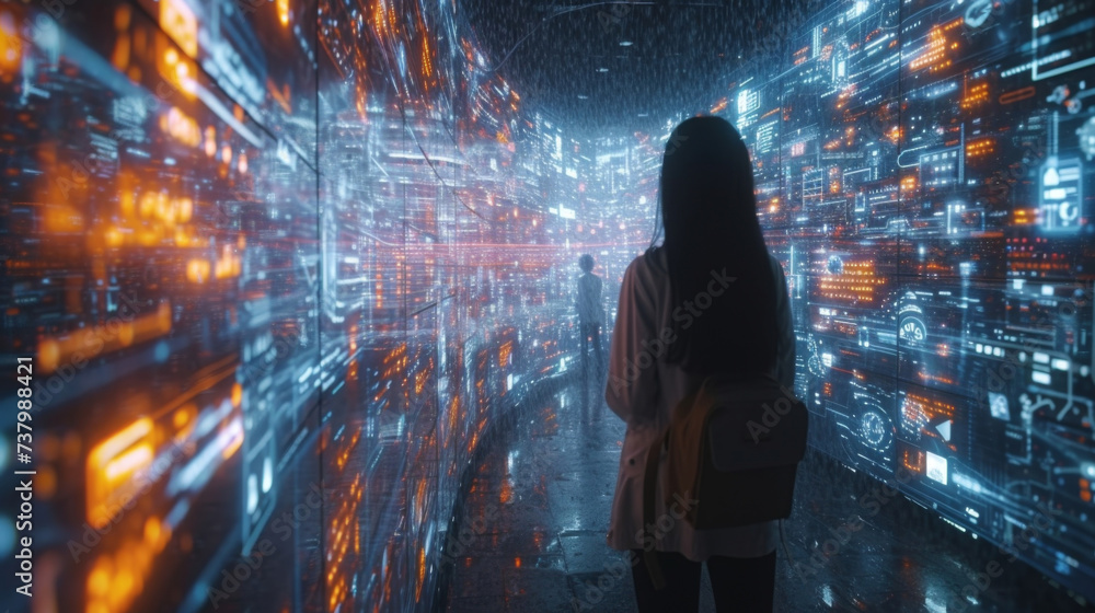 Poster a futuristic virtual reality landscape showcasing the integration of cryptocurrency and blockchain t