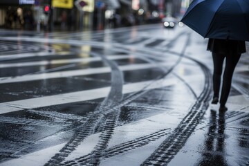 fresh tire tracks on wet city road, pedestrian with umbrella - obrazy, fototapety, plakaty