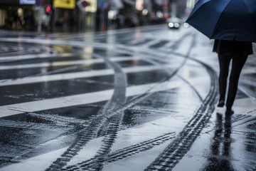Fotobehang fresh tire tracks on wet city road, pedestrian with umbrella © studioworkstock