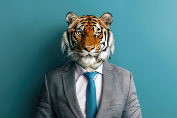 Illustration of a man wearing a tiger mask over his head and a formal suit, tiger wearing business suit, Generative AI