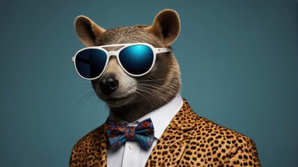 Cool looking animal wearing funky fashion dress - jacket, tie, sunglasses, plain colour background, stylish animal posing as supermodel. generative, AI - obrazy, fototapety, plakaty