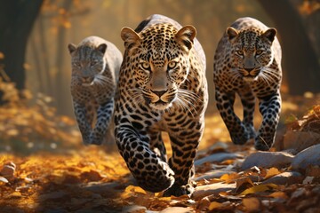 a group of leopards running on a rocky path