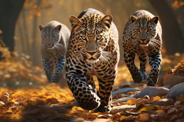 Crédence de cuisine en verre imprimé Léopard a group of leopards running on a rocky path