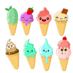 collection of cute ice cream illustrations in various colors, flat design style on a white background