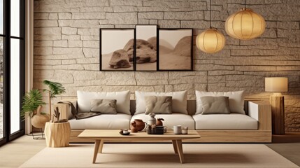 Modern composition of japandi interior with design beige sofa, natural colors paintings, stone tables, stylish furniture, decoration and personal accessories. - obrazy, fototapety, plakaty