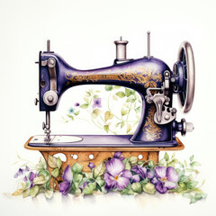 vintage sewing machine with lavender violet flowers on a white background created with Generative AI Technology