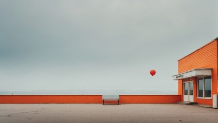 Empty bench and red balloon in a cloudy day at the beach