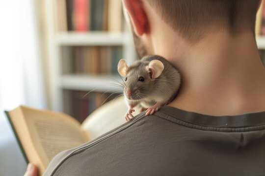 man holding a dumbo rat on his shoulder while reading a book
