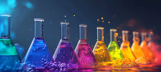 banner of Neon, contrast flasks on the table in laboratory. luminophore, bright solutions. Science & Research Concept - obrazy, fototapety, plakaty