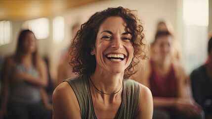 smiling woman in yoga class with people around calm tranquility atmosphere with golden light in the morning  created with Generative AI Technology - obrazy, fototapety, plakaty