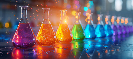 banner of Neon, contrast flasks on the table in laboratory. luminophore. Science & Research Concept - obrazy, fototapety, plakaty