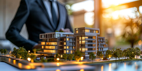 Gatherings involving real estate brokers and company presidents centered on selecting a housing estate construction model. sun glow and bokeh blur effects  - obrazy, fototapety, plakaty