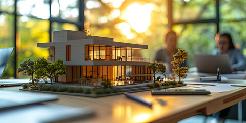 Real estate brokers and company presidents gathered to select a model for building a residential development. Enhance visual appeal with sun glow and bokeh blur effects.
