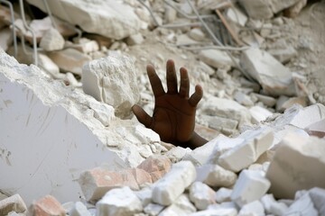 hand reaching out from under earthquake rubble