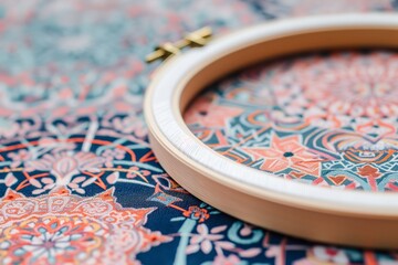 Fototapeta na wymiar closeup of an embroidery hoop on patterned fabric