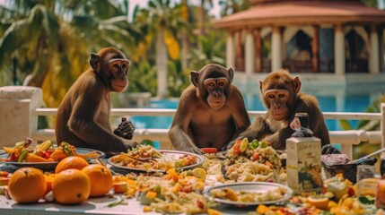 Monkeys eat the remains of food on the tables in a resort - obrazy, fototapety, plakaty
