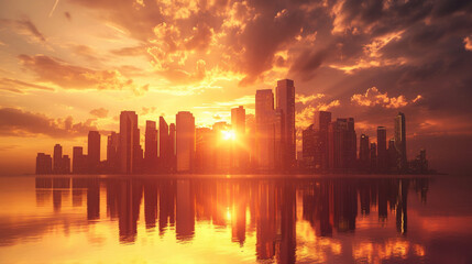 Paint a stunning sunset over a modern city skyline
