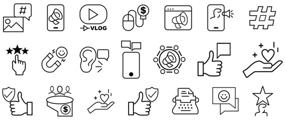 Influencer and Social Media Marketing, thin line icon set. Symbol collection in transparent background. Editable vector stroke