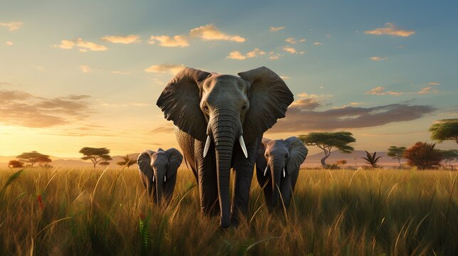 Elephants and baby elephants walking in the grassland under the sunset.
