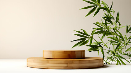 Wooden podium for product presentation in sunlight and shadows on the beige wall. Minimalistic abstract gentle light blur background. - 737991683
