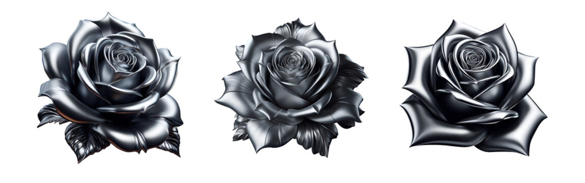 Close up Silver rose flowers set on transparent background | Top View shiny gray metal rosa | Set of silver rose  | PNG Clipping path