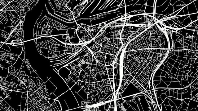 Zoom Out Road Map of Duisburg Germany with white roads on a black background