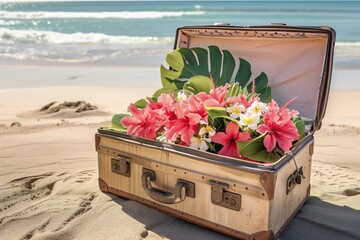 open suitcase on the beach, filled with tropical flowers - Powered by Adobe