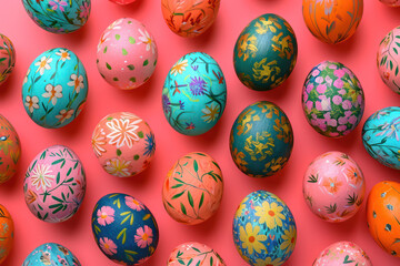 Fototapeta na wymiar Bright and Colorful Easter Egg Pattern on Yellow Background: A Festive Celebration of Spring Tradition and Handmade Art