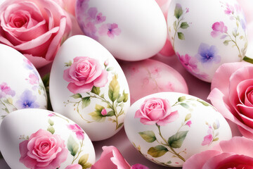 Easter eggs decorated with pink roses . Easter background. Egg in decoupage technique