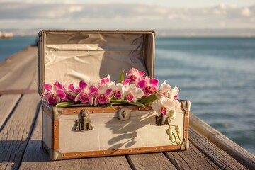 artistically placed orchids in a suitcase on a pier