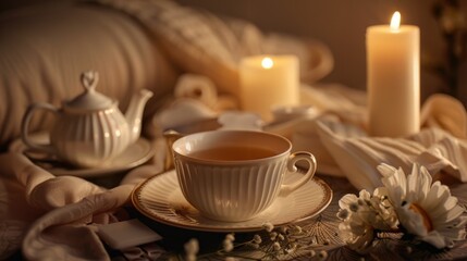 Fototapeta premium A cup of tea and a burning candle in soft beige tones. The concept of quiet luxury.
