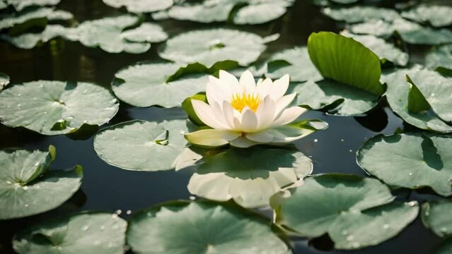 Wide angle image of a lotus flower floating on a lake