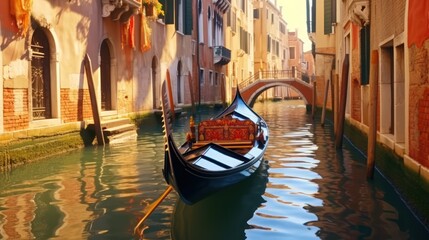Narrow canal with gondola in Venice, Italy. Architecture and landmark of Venice. Cozy cityscape of Venice. - obrazy, fototapety, plakaty