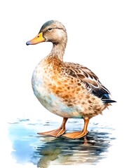 Naklejka na ściany i meble Watercolor illustration of a female mallard duck isolated on white background.