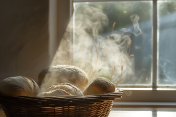 fresh bread in a basket, steam rising, near a window