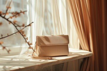 Beige women's leather bag on a white table. Light from the window. concept of quiet luxury.
