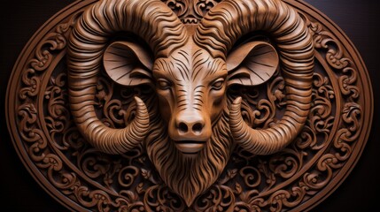 Wooden Carving of Ram Head on Wall