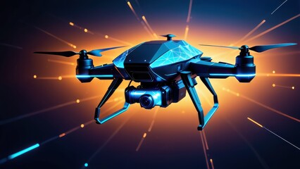 Futuristic Drone Technology Abstract. Digital wireframe of drones flying, blue neon glow. low poly background with connecting dots and lines. Futuristic digital low poly 3d drone. generative, AI