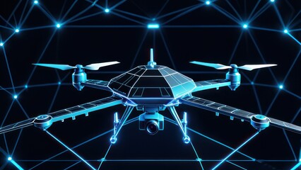 Futuristic Drone Technology Abstract. Digital wireframe of drones flying, blue neon glow. low poly background with connecting dots and lines. Futuristic digital low poly 3d drone. generative, AI - obrazy, fototapety, plakaty